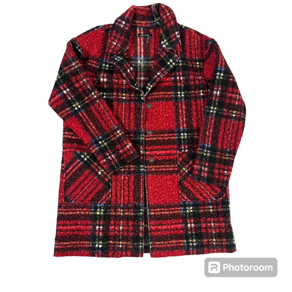 Charlie.B long plaid fuzzy snap button up jacket